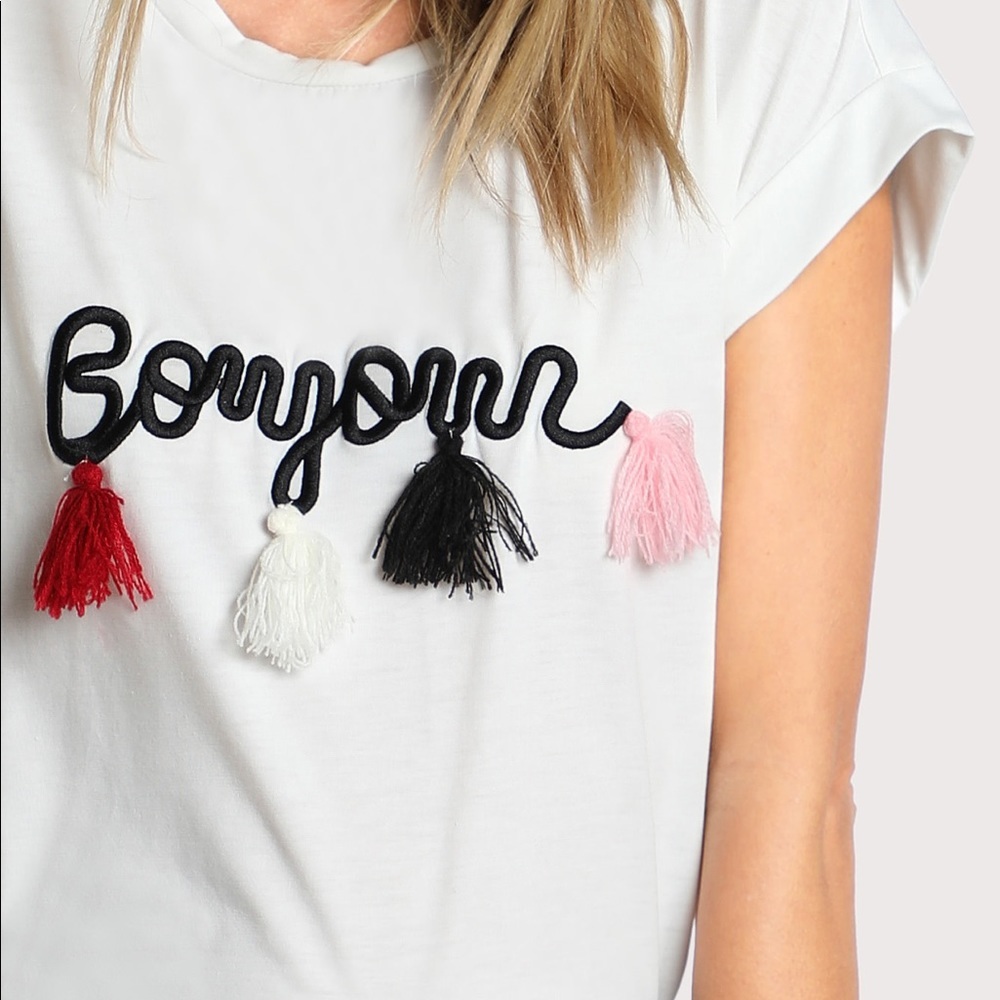 Bonjour Tassel Detail Graphic Tee | Soft Short Sleeve Top - Picture 6 of 7